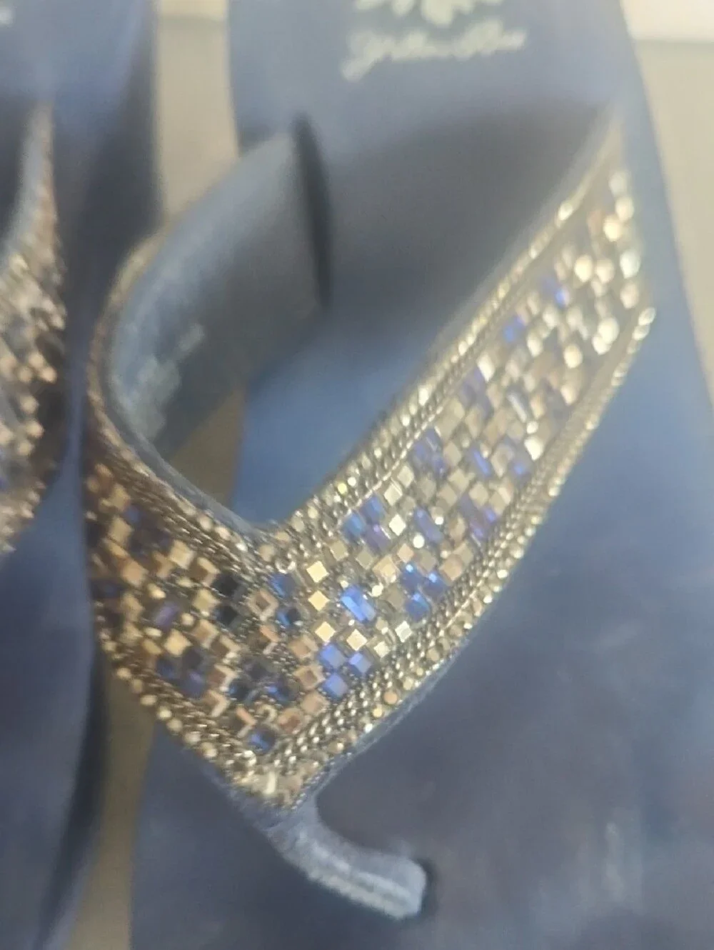 Yellow Box Navy Beaded Wedge Thong Sandals